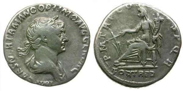 Ancient Coins - gF+/gF+ Trajan AR Denarius / Fortuna seated