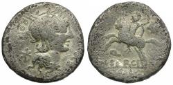 Ancient Coins - 116-115 BC - Roman Republic. M. Sergius Silus AR Denarius / Horseman with Severed Head