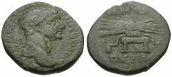 Ancient Coins - Trajan (AD 98-117). Seleucia-Pieria Æ25 / Thunderbolt on Stool
