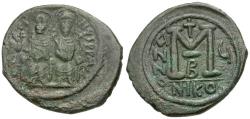 Ancient Coins - *Sear 369* Byzantine Empire. Justin II (AD 565-578) with Sophia Æ Follis