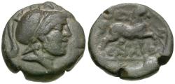 Ancient Coins - Thessaly. Thessalian League, Philokrates, magistrate Æ17 / Horse