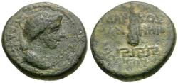 Ancient Coins - Livia (27 BC-AD 14). Phrygia. Apamea. Marcus Manneius, magistrate Æ15 / Club