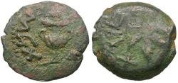 Ancient Coins - Judaea. Jewish War. First Revolt Æ Prutah / Amphora and Vine Leaf