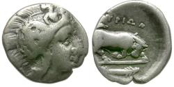 Ancient Coins - Lucania. Thurium AR Diobol / Bull