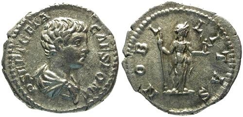 Ancient Coins - aEF/aEF Geta as Caesar Denarius / Nobilitas