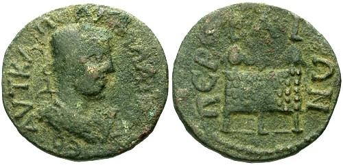 Ancient Coins - aVF/aVF Gallienus AE30 Pamphylia Perga / Chest with Three Purses