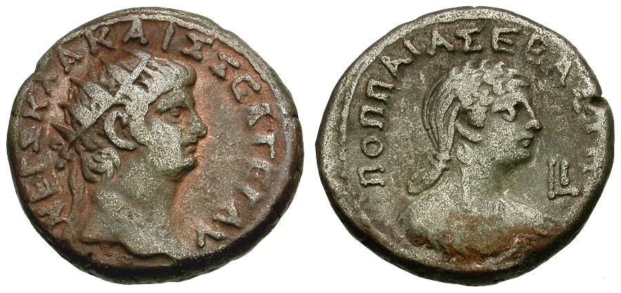 Ancient Coins - Nero (AD 54-68) with Poppaea. Egypt. Alexandria Billon Tetradrachm / Poppaea
