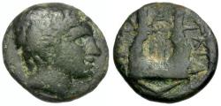 Ancient Coins - Macedon. Chalkidian League Æ16 / Kithara