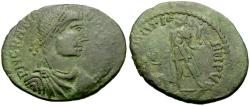 Ancient Coins - Gratian (AD 375-383) Æ Imitative Centenionalis / Emperor Raising Kneeling Woman