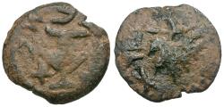 Ancient Coins - Judaea. Jewish War. First Revolt Æ Imitative? Prutah / Amphora and Vine Leaf