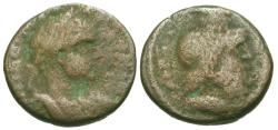 Ancient Coins - Elagabalus (AD 218-222). Samaria. Caesarea Maritima Æ22 / Bust of Serapis