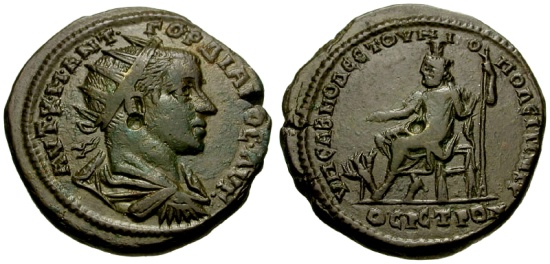 Ancient Coins - Gordian III, Moesia Inferior, Nikopolis ad Istrum &#198;27 / Hades-Serapis and Cerberus
