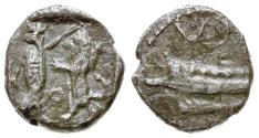 Ancient Coins - Phoenicia. Sidon. Ba`alillem (Sakton) II (401-365 BC) AR 1/16 Shekel / Deity and Lion