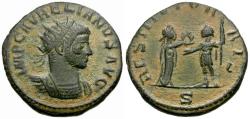 Ancient Coins - Aurelian (AD 270-275) Æ Antoninianus / Woman Presenting Wreath to Emperor
