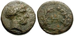Ancient Coins - Bruttium. Rhegion Æ Hemiobol / H in Wreath