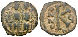 Ancient Coins - *Sear 370* Byzantine Empire. Justin II (AD 565-578) with Sophia Æ Half Follis