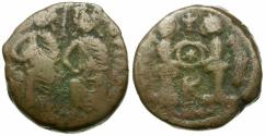 Ancient Coins - *Sear 396* Byzantine Empire. Justin II (AD 565-578) with Sophia Æ Half Follis / Two Victories