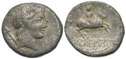 Ancient Coins - 82 BC - Roman Republic. Pub. Crepusius AR Denarius / Horseman Hurling Spear