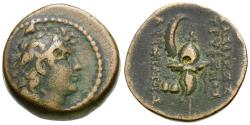 Ancient Coins - Seleukid Kings. Diodotos Tryphon (142-138 BC) Æ18 / Macedonian Helmet