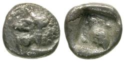 Ancient Coins - Caria. Mylasa AR Tetartemorion / Lion