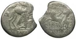 Ancient Coins - 58 BC - Roman Republic. M. Aemilius Scaurus and Pub. Plautius Hypsaeus AR Denarius / Aretas and Camel