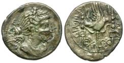 Ancient Coins - 82 BC - Roman Republic. C. Valerius Flaccus AR/Æ Fourrée Denarius / Eagle and Standards