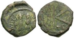 Ancient Coins - *Sear 366* Byzantine Empire. Justin II (AD 565-578) with Sophia Æ Half Follis