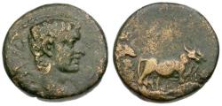 Ancient Coins - Tiberius (AD 14-37). Macedonia. Philippi Æ17 / Priest plowing