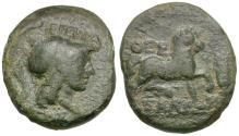 Ancient Coins - Thessaly. Thessalian League. Pherekrates and Isagoras, magistrates Æ17 / Horse