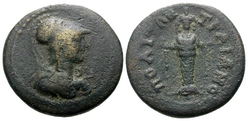 Ancient Coins - VF/VF Phrygia Trajanopolis AE19 / Athena / Statue of Artemis