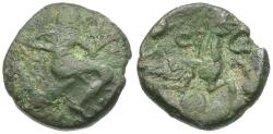 Ancient Coins - Ancient France. Celtic Gaul. Bellovaci Tribe Æ16 / Running Cubist