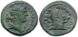 Ancient Coins - Phrygia. Laodicea ad Lycum. Po. Ailios Dionysios Sabinianos, magistrate. Pseudo-autonomous Æ20 / Mask of Silenos on Cista Mystica