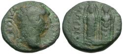 Ancient Coins - Domitian (AD 81-96). Pamphylia. Aspendos Æ17 / Cult Statues