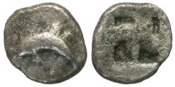 Ancient Coins - Islands off Thrace. Thasos AR Hemiobol / Dolphin