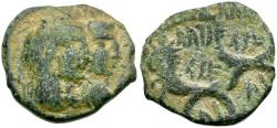 Ancient Coins - Nabatean Kings. Aretas IV (9 BC-AD 40) with Queen Shaquilath Æ18 / Double Strike