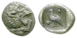 Ancient Coins - Caria. Mylasa AR Tetartemorion / Lion & Bird