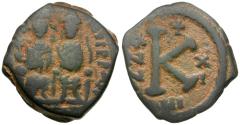 Ancient Coins - *Sear 370* Byzantine Empire. Justin II (AD 565-578) with Sophia Æ Half Follis