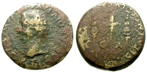 Ancient Coins - gF/gF Tiberius Spain Caesaragusta AE19 / Three standards