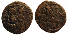 Ancient Coins - Justin II, AE Folles; Nicomedia, cross between heads variety