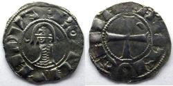 World Coins - Bohemond III: AR Billon Denier, helmeted head with chain mail obverse