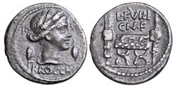Ancient Coins - L. Furius Brocchus. AR denarius. 63 B.C..   Good Very Fine or better..  13583.
