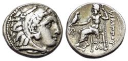 Ancient Coins - Kings of Macedon. Kolophon. Philip III Arrhidaeus (323-317 BC). AR Drachm. R/ Zeus Aëtophoros seated