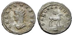 Ancient Coins - Gallienus (AD 253-268) BI Antoninianus. Antioch, circa 264-265. R/ SAECVLARHS AVG Stag
