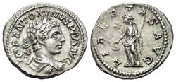 Ancient Coins - Elagabalus (AD 218-222). AR Denarius. Rome mint. Struck AD 220-221. R/ LIBERTAS