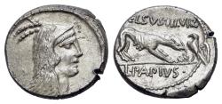 Ancient Coins - ROMAN REPUBLICAN. Lucius Papius Celcus (c. 45 BC) AR Denarius Head of Juno Sospita. R/ Wolf , eagle standing right fanning flame !! Exceptional quality for the type