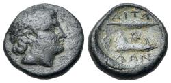 Ancient Coins - Aetolia, Aetolian League Bronze, c. 211-196. Æ 19mm R/ Spearhead, grape bunch and jawbone of boar