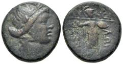 Ancient Coins - Thessalian League (196-146 BC). Æ. Laureate head of Apollo. R/ Athena Itonia