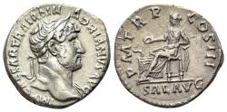 Ancient Coins - Hadrian (117-138). AR Denarius. Rome. Laureate bust r., with slight drapery. Salus seated left on throne