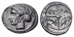Ancient Coins - Sicily, Syracuse. Dionysios I (405-367 BC). AR Hemilitron, c. 405-395 BC. Head of Arethusa  R/ Four-spoked wheel