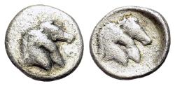 Ancient Coins - ITALY. CALABRIA, Tarentum (Circa 280-228 BC). AR Diobol. Jugate heads of horses. VERY RARE